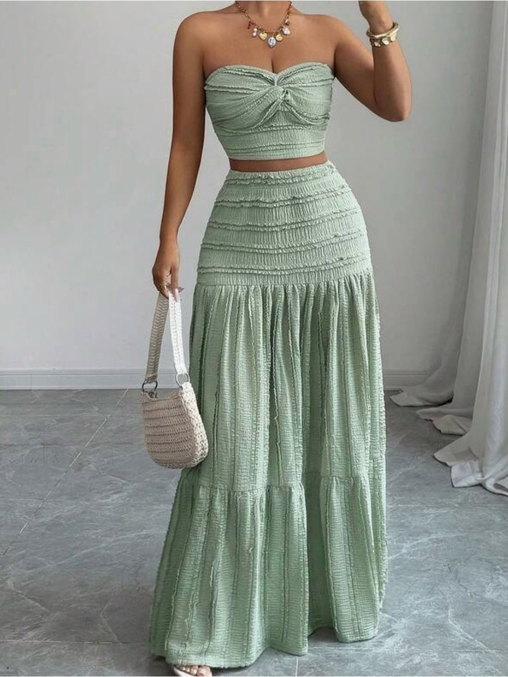 Shein mint sage boho Green Crop top and maxi skirt set medium